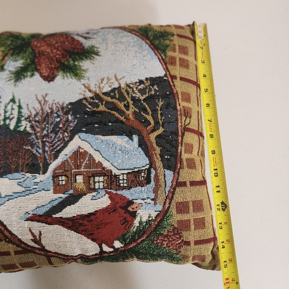 Vintage Tapestry Decorative Pillow Red Cardinal Winter Farm 15" Square Christmas - Picture 5 of 5